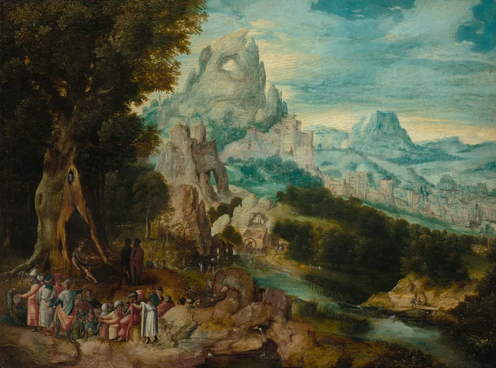 Landschaft mit der Predigt Johannes d. Täufers, by Herri met de Bles, oil, 1537