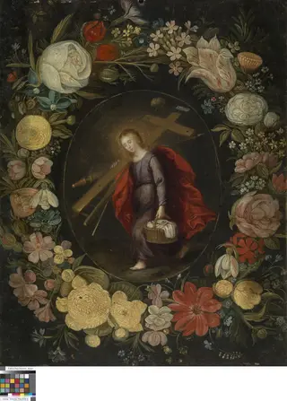Het kind Jezus met de passiewerktuigen in een bloemenkrans