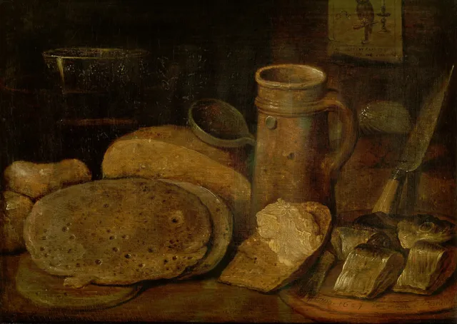 Still life with pottery, herring and pancakes, a print of an owl on the wall