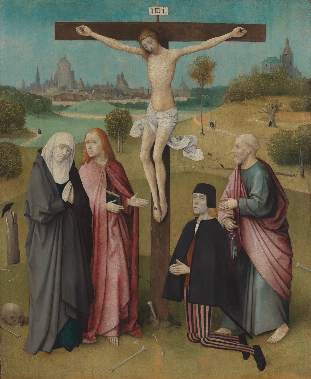 Crucifixión con un donante, by Hieronymus Bosch, oil, 1493