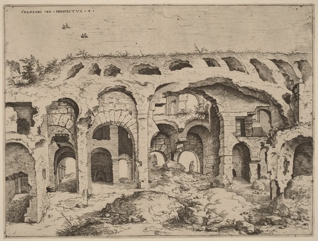 Fourth View of the Colosseum, by Hieronymus Cock, ink, 1550