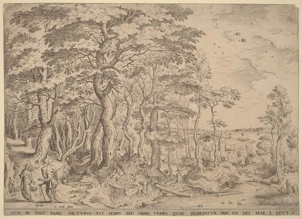 Landscape with the Temptation of Christ, by Hieronymus Cock, ink, 1554