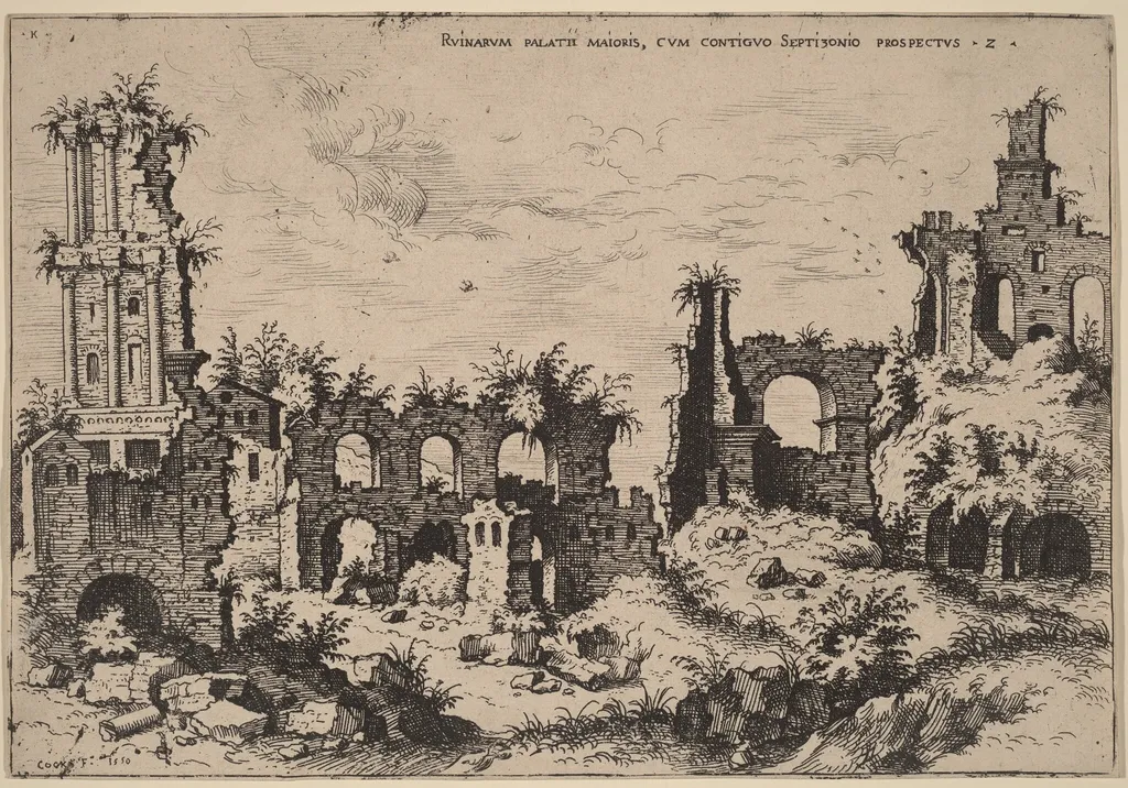 Ruins on the Palatine with the Septizonium, by Hieronymus Cock, ink, 1550