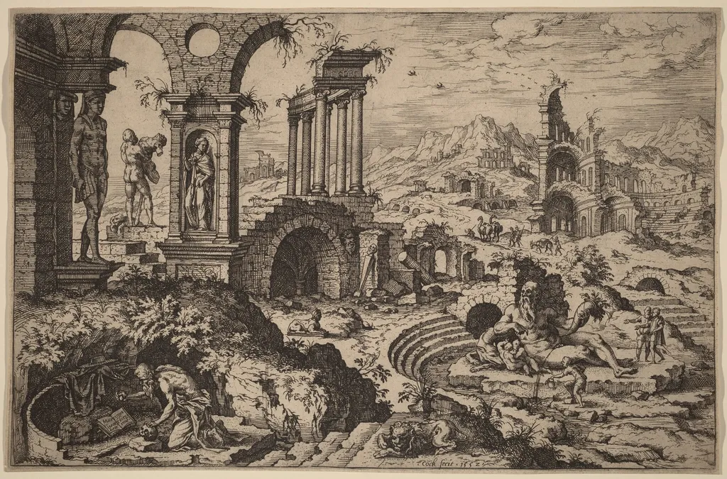 Saint Jerome in a Landscape with Ruins, by Hieronymus Cock, ink, 1552
