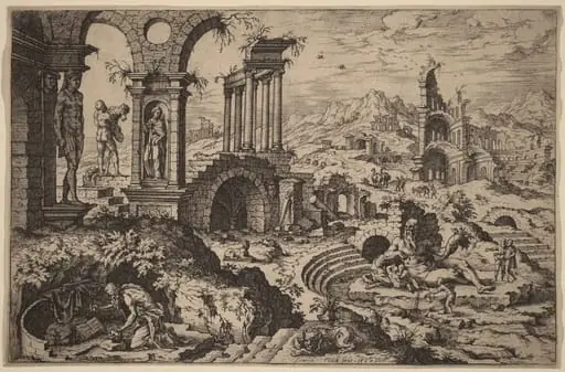 Saint Jerome in a Landscape with Ruins, by Hieronymus Cock