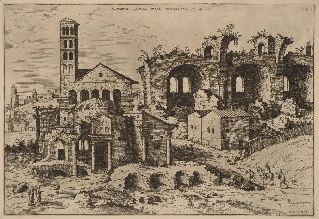 The Temple of Augustus and Faustina, the Temple of Divus Romulus, and the Basilica of Constantine, by Hieronymus Cock, ink, 1550