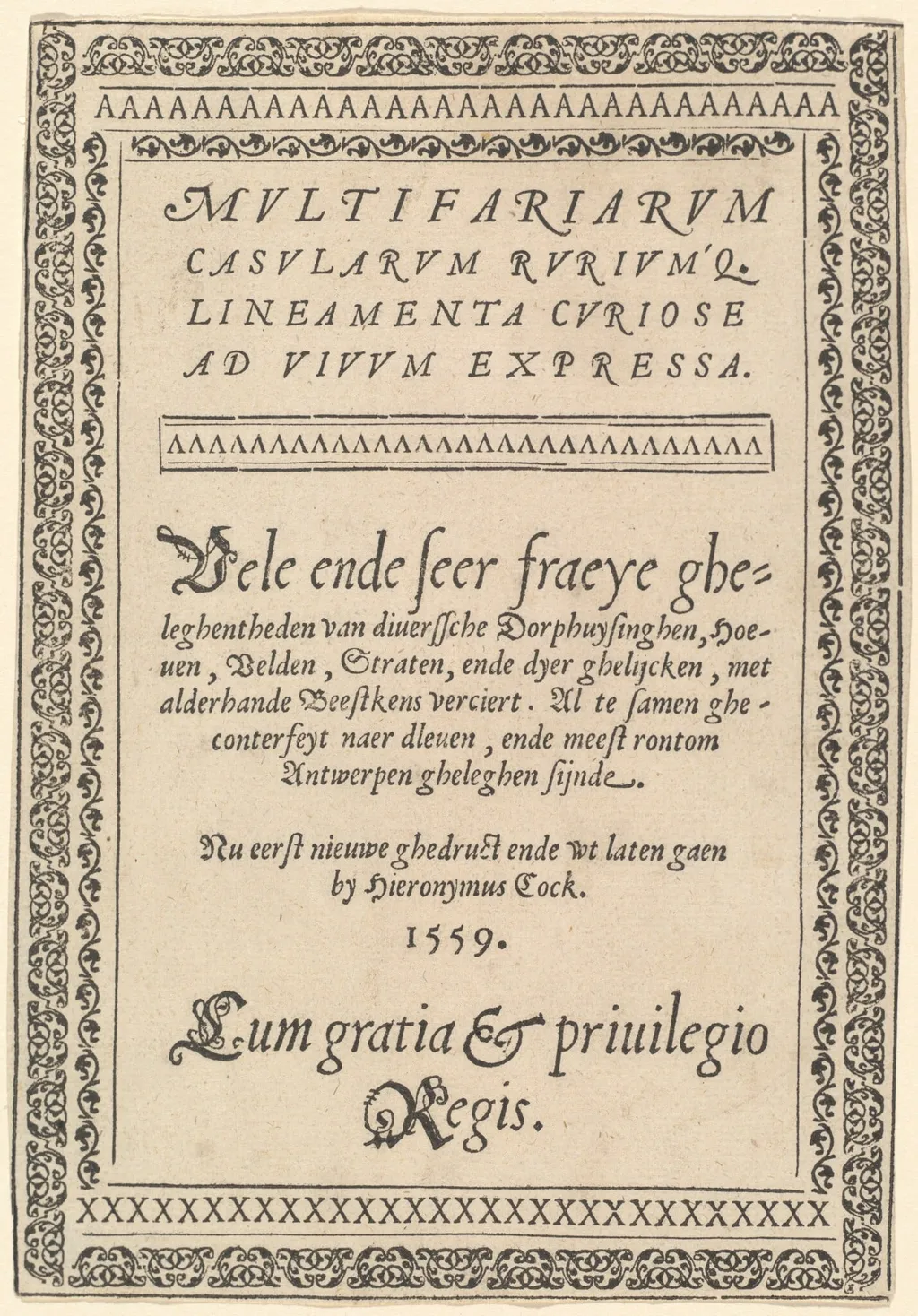Title Page for "Multifariarum Casularum", by Hieronymus Cock, ink, 1559