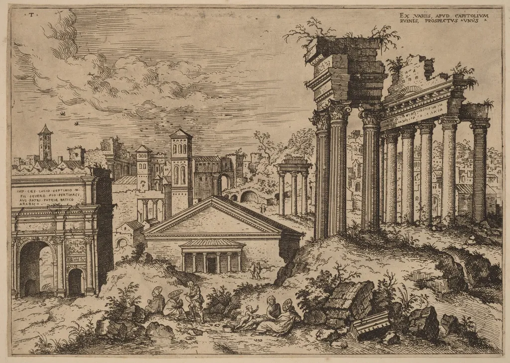 View of the Forum from the Base of the Capitol, by Hieronymus Cock, ink, 1550