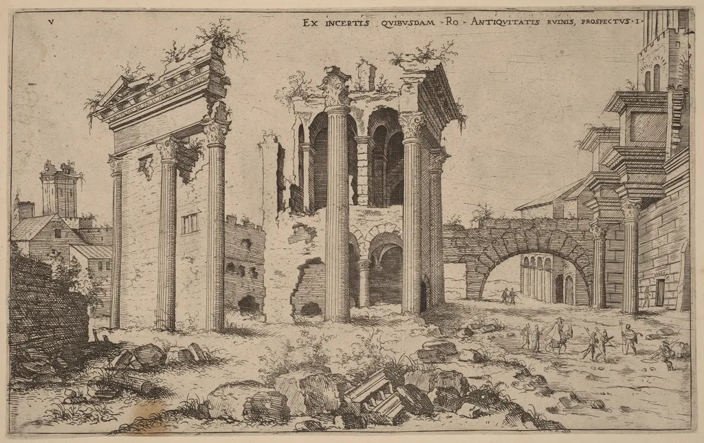 View of the Forum of Nerva, by Hieronymus Cock, ink, 1550
