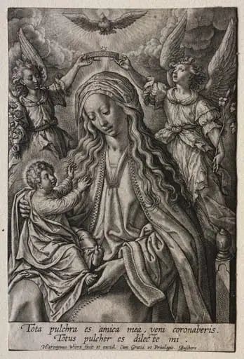 Virgin Crowned by Two Angels, by Hieronymus Wierix
