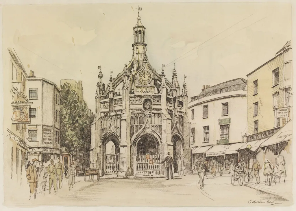 Market Cross, Chichester, by Hill, watercolor, 1940