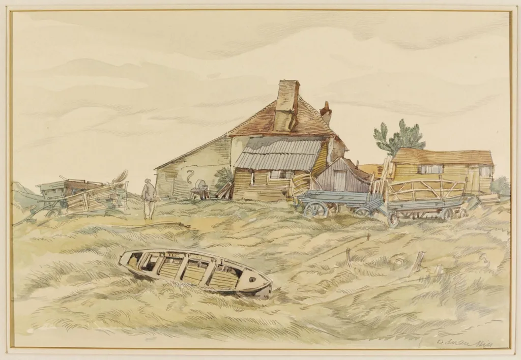 Old Cottages on the Marshes, Winchelsea, by Hill, watercolor, 1940
