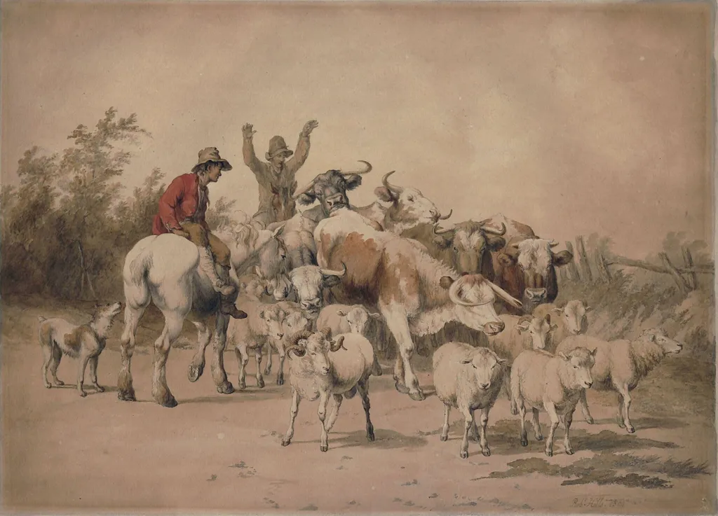 Herdsman with Cattle, by Hills, watercolor, 1804