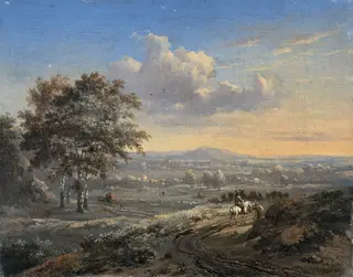 Hilly landscape with a rider on a country road, by Jan Wijnants