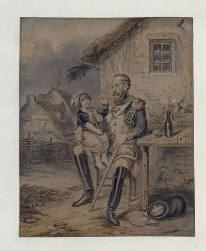 Child seated on the knee of a soldier, by Hippolyte Bellangé