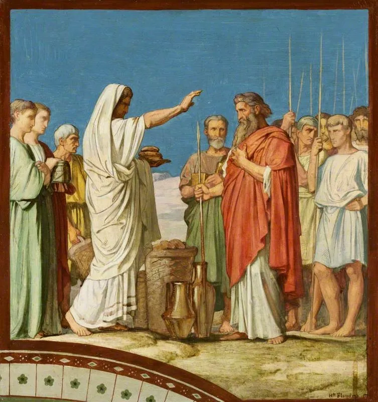 Melchisédech offrant du pain et du vin, bénit Abraham: Modello for the Fresco in the left nave of Saint-Germain-des-Prés, Paris, 1859 (Melchizedek Blesses Abraham and Offers Bread and Wine), by Hippolyte Flandrin, oil, 1859