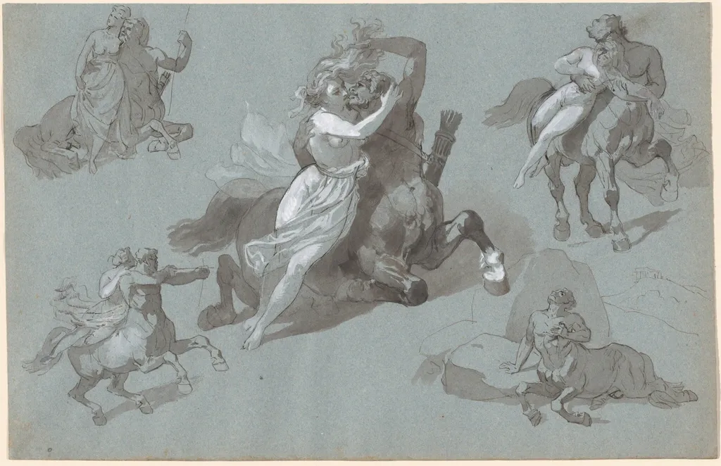 Nessus and Dejanira in Four Poses, and the Dying Nessus, by Hippolyte Lalaisse, ink, 1834