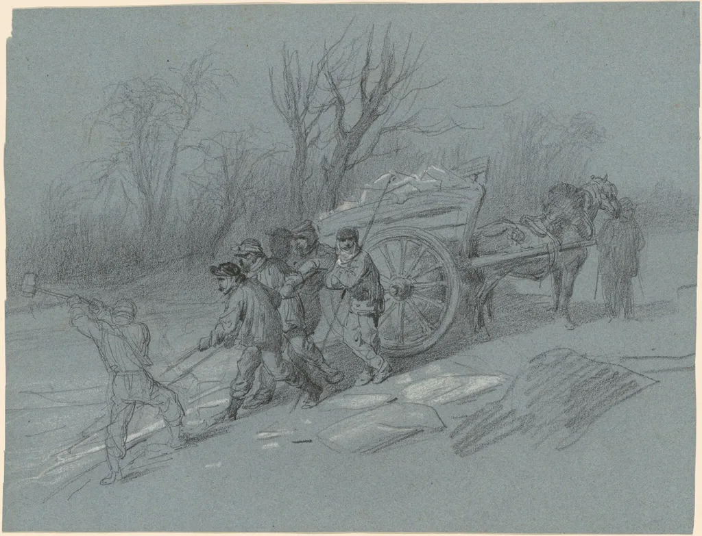 Workmen Gathering Ice at the Water's Edge, by Hippolyte Lalaisse, chalk, 1850