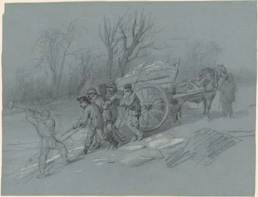 Workmen Gathering Ice at the Water's Edge, by Hippolyte Lalaisse