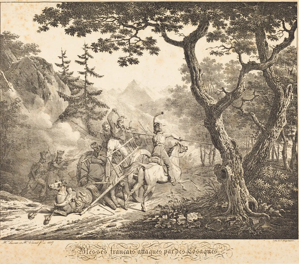 Wounded French Attacked by a Cosack, by Hippolyte Lecomte, ink, 1817