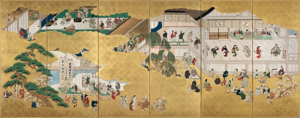 Scenes from the Nakamura Kabuki Theater, by Hishikawa Moronobu 菱川師宣, 1698