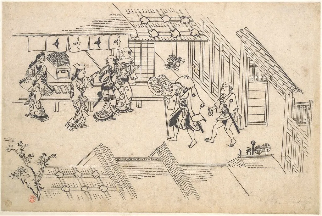 よしわらの躰 揚屋町入り口|The Entrance to Ageya-machi, from the series Scenes in the Yoshiwara (Yoshiwara no tei), by Hishikawa Moronobu 菱川師宣, ink, 1682