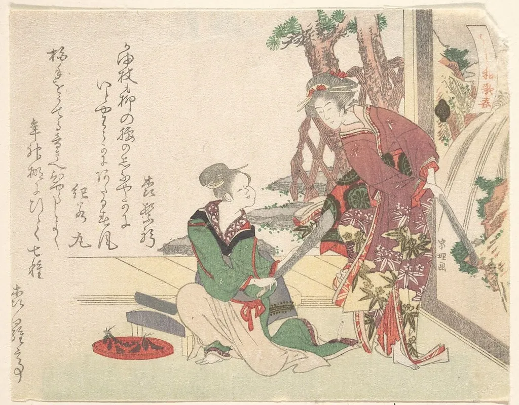 うし和歌春|Two Women, from the series Spring Poems on Ushiwaka for the Year of the Ox (Ushiwaka haru), by Hishikawa Sōri, ink, 1805