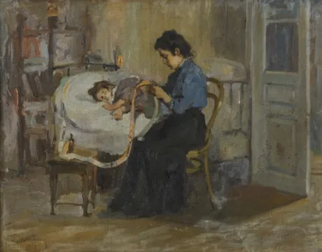 Next to the sick child, by Hmayak Artsatpanian, oil, 1900