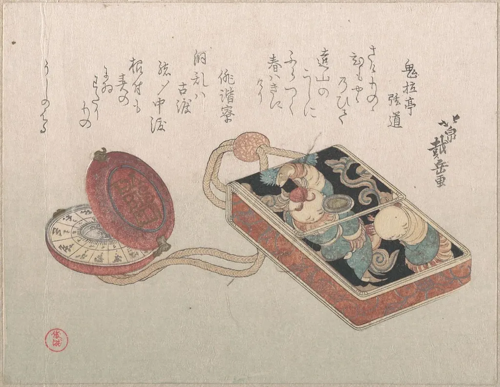 胴乱印籠と懐中時計根付『春雨集』 摺物帖|Dōran (Square Leather Box Used as an Inrō) with a Watch as a NetsukeFrom the Spring Rain Collection (Harusame shū), vol. 3, by Hokusen Taigaku, ink, 1817