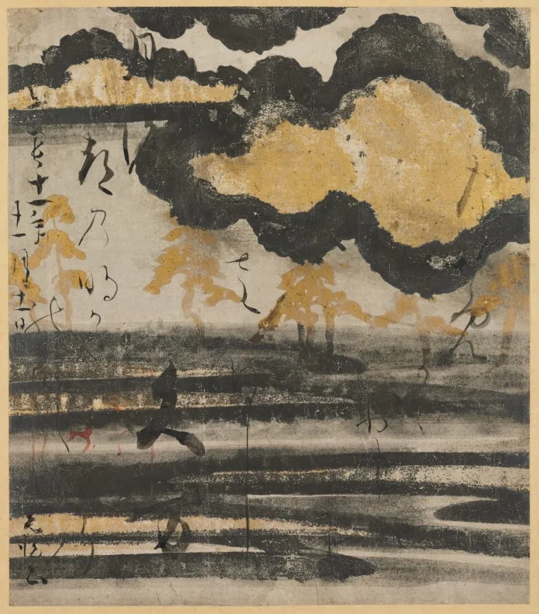 Poem-card from the Shinkokin wakashu (New Collection of Japanese Poems from Ancient and Modern Times) with Design of Pine on a Beach, by Honami Kōetsu, unspecified, 1606