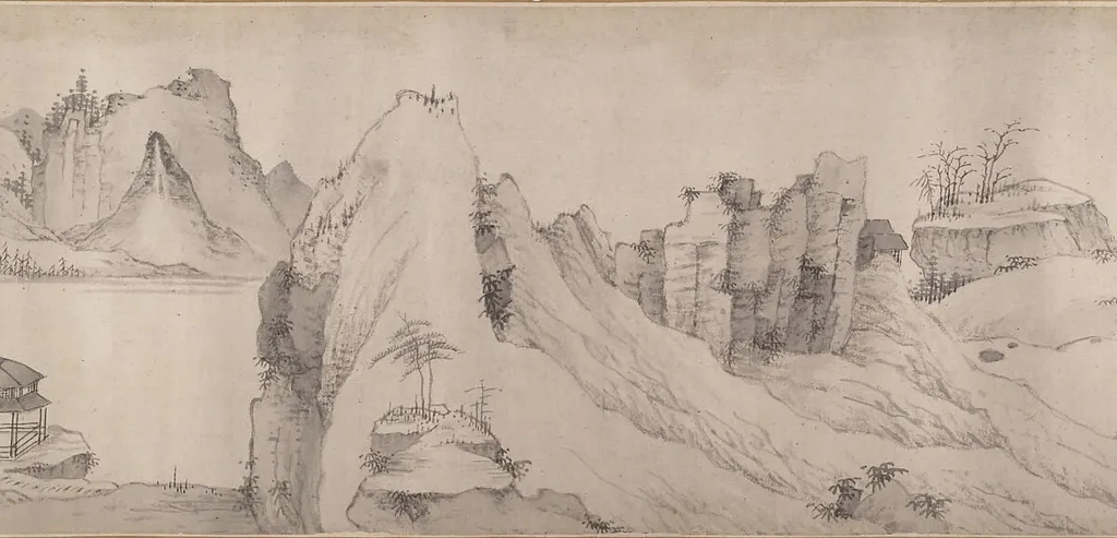 清 傳弘仁 寺橋山色圖 卷|River Scene in Winter, by Hongren, ink, 1661