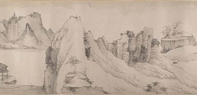清   傳弘仁   寺橋山色圖   卷|River Scene in Winter