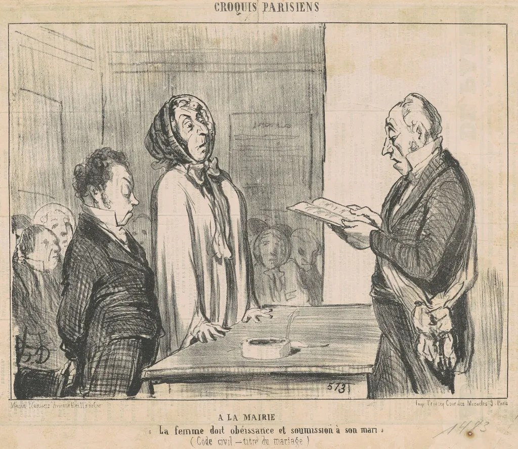 A la mairie ..., by Honoré Daumier, ink, 1854