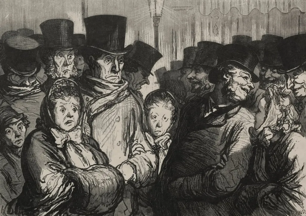 A Street at Midnight: Coming out of a drama. Coming out of a variety show, by Honoré Daumier, 1863