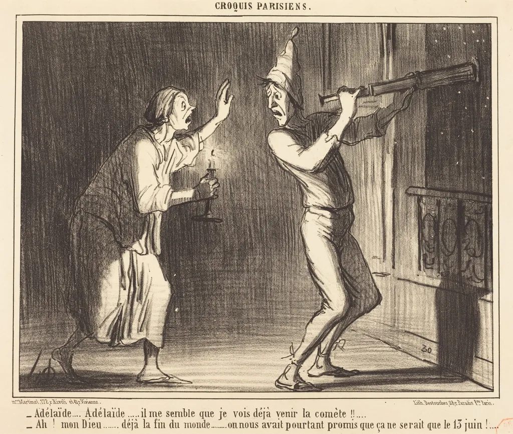Adélaide...Adélaide...il me semble que je vois deja venir la comète !!..., by Honoré Daumier, ink, 1857