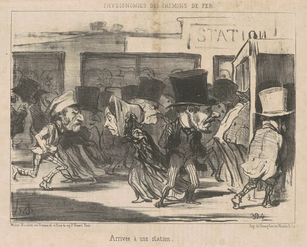 Arrivée a une station, by Honoré Daumier, ink, 1852