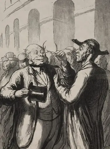 At the Universal Exhibition: Security check at the entrance: the bald need to lift their hats, and the short-sighted need to remove their glasses., by Honoré Daumier