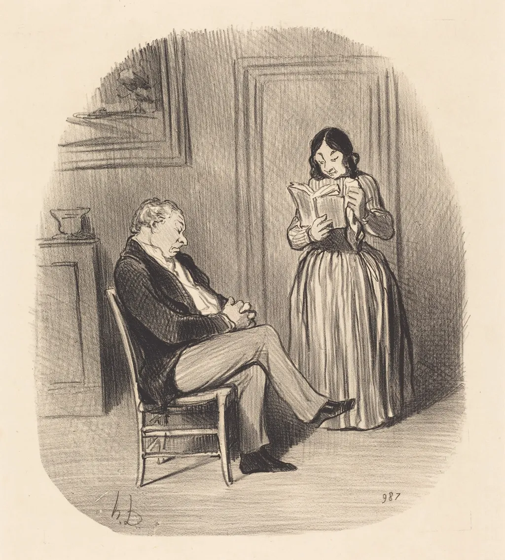 Bourgeois se fesant lire, après diner, quelques chapitres..., by Honoré Daumier, ink, 1847