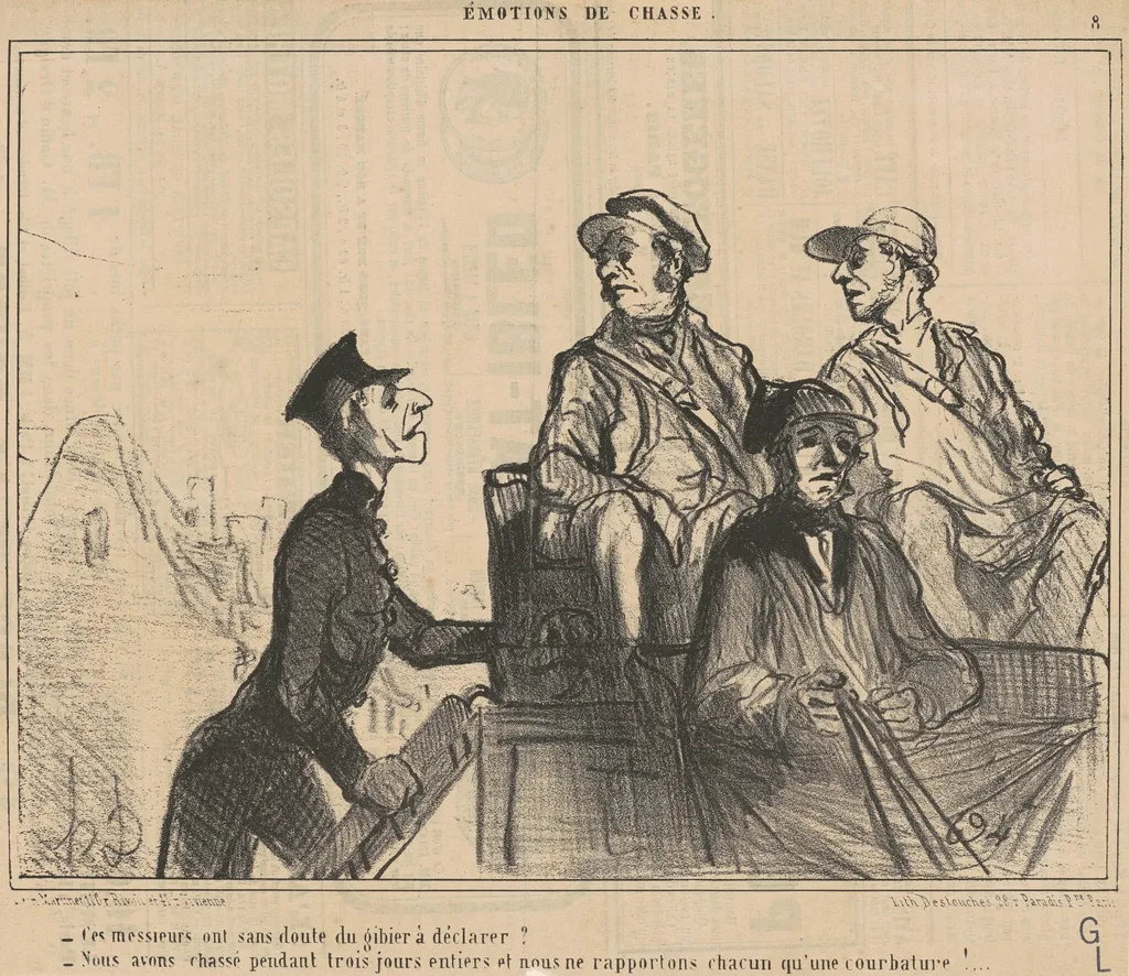 Ce messieurs ont ... du gibier a déclarer? ..., by Honoré Daumier, ink, 1854