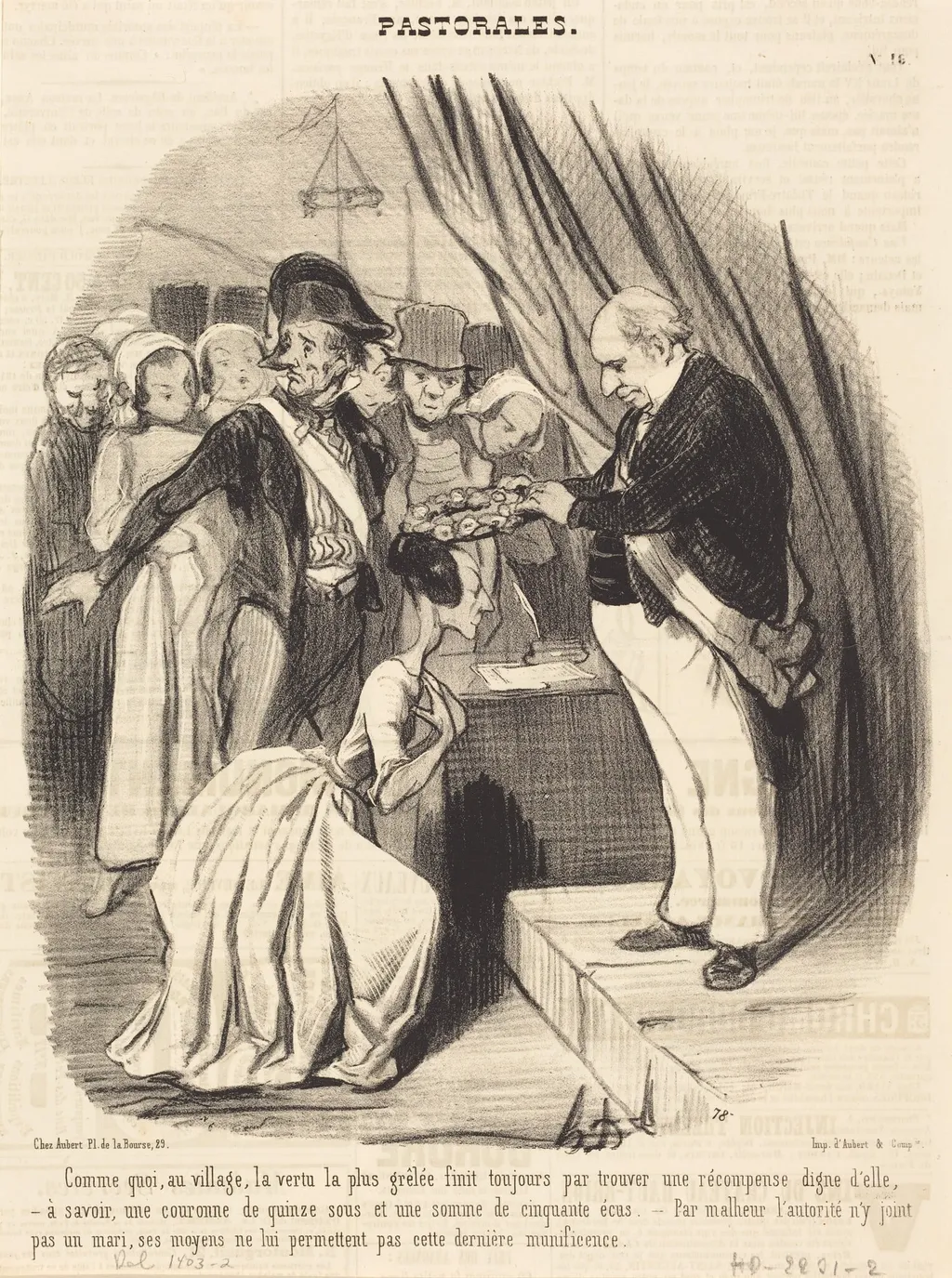 Comme quoi, au village, la vertu la plus grêlée..., by Honoré Daumier, ink, 1845
