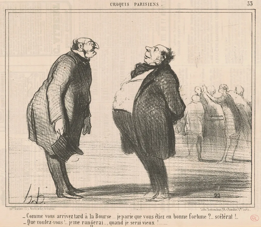 Comme vous arrivez tard a la bourse ..., by Honoré Daumier, ink, 1857