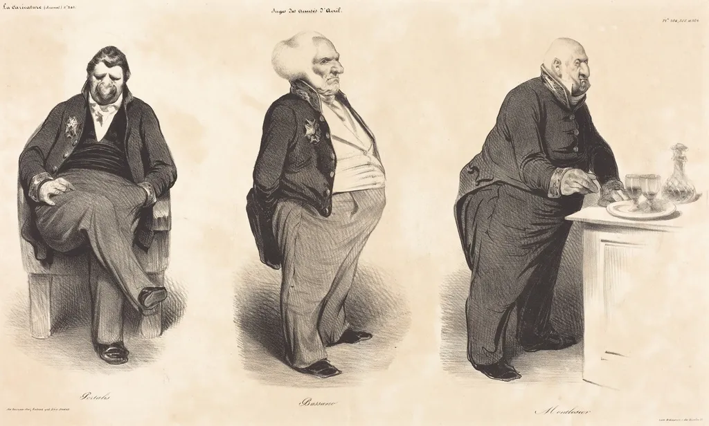 Comte Portalis - Duc de Bassano - Comte de Montlosier, by Honoré Daumier, ink, 1835