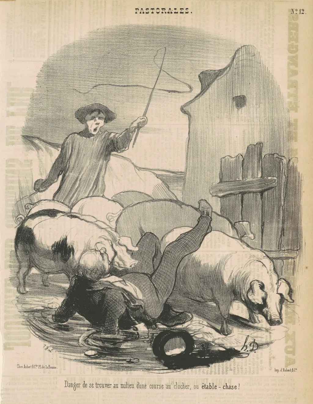 Danger de se trouver au milieu d'une course au clocher, by Honoré Daumier, ink, 1845
