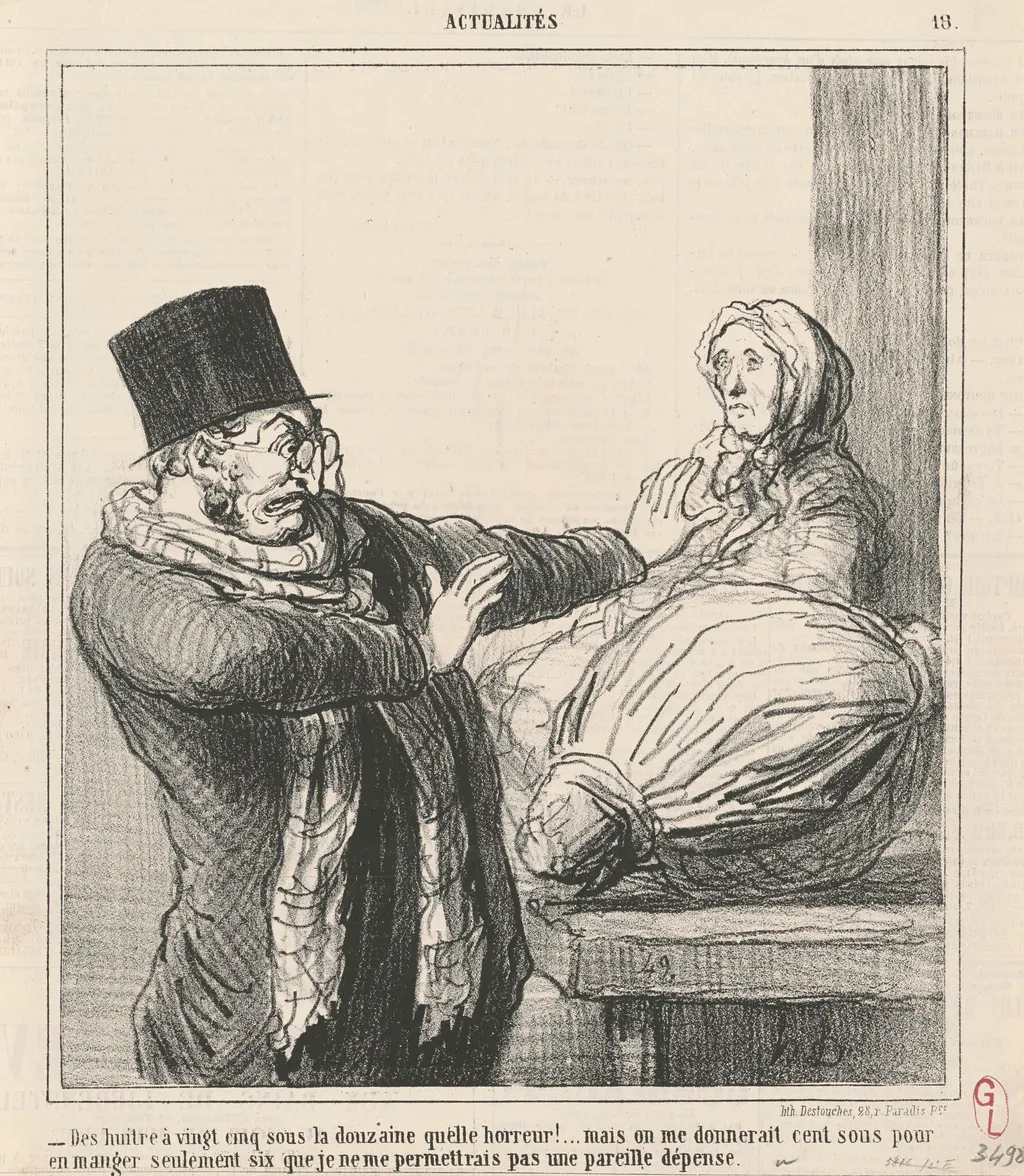 Des huitres a vingt-cinq sous la douzaine ... !, by Honoré Daumier, ink, 1866