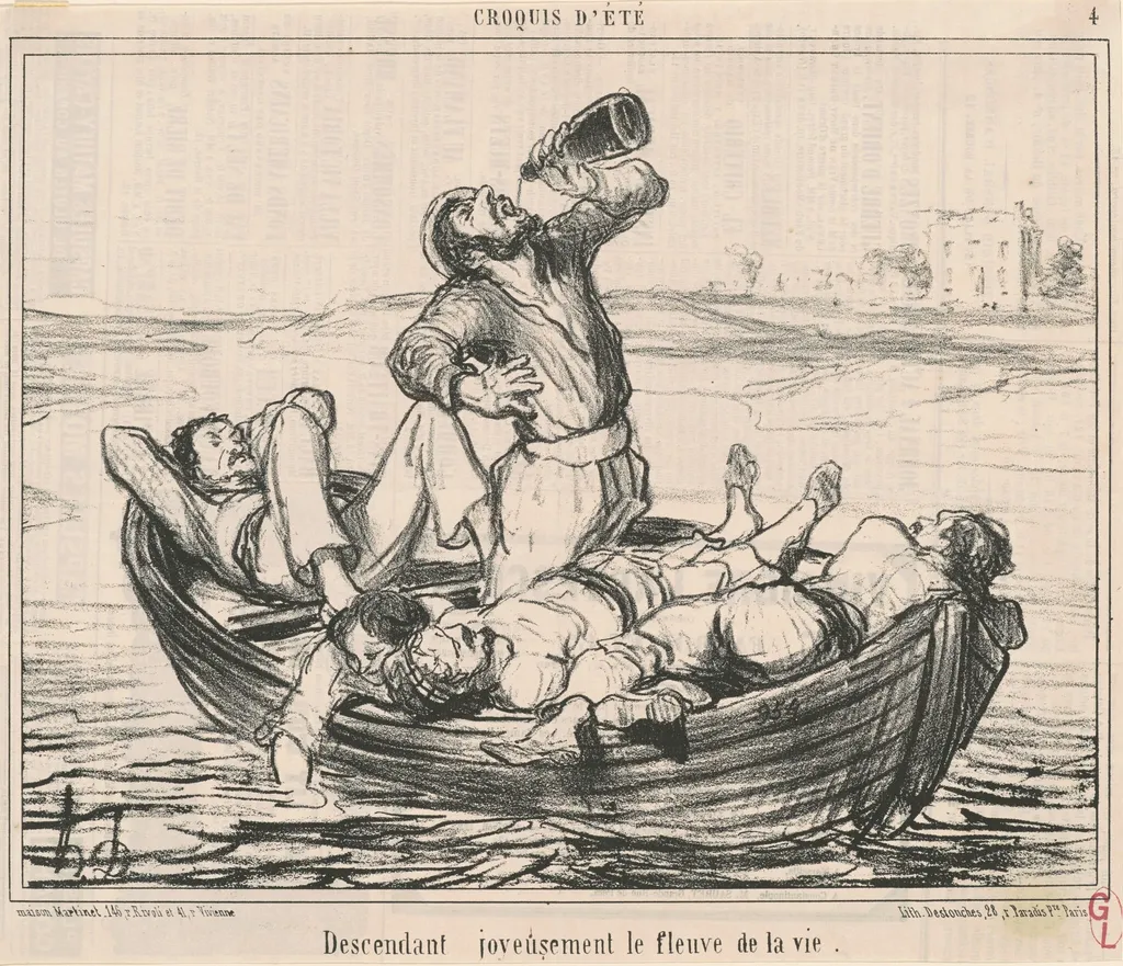 Descendant joyeusement le fleuve de la vie, by Honoré Daumier, ink, 1856