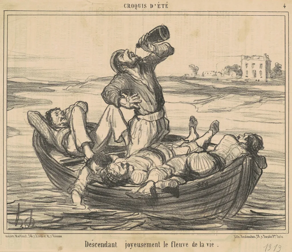 Descendant joyeusement le fleuve de la vie, by Honoré Daumier, ink, 1856