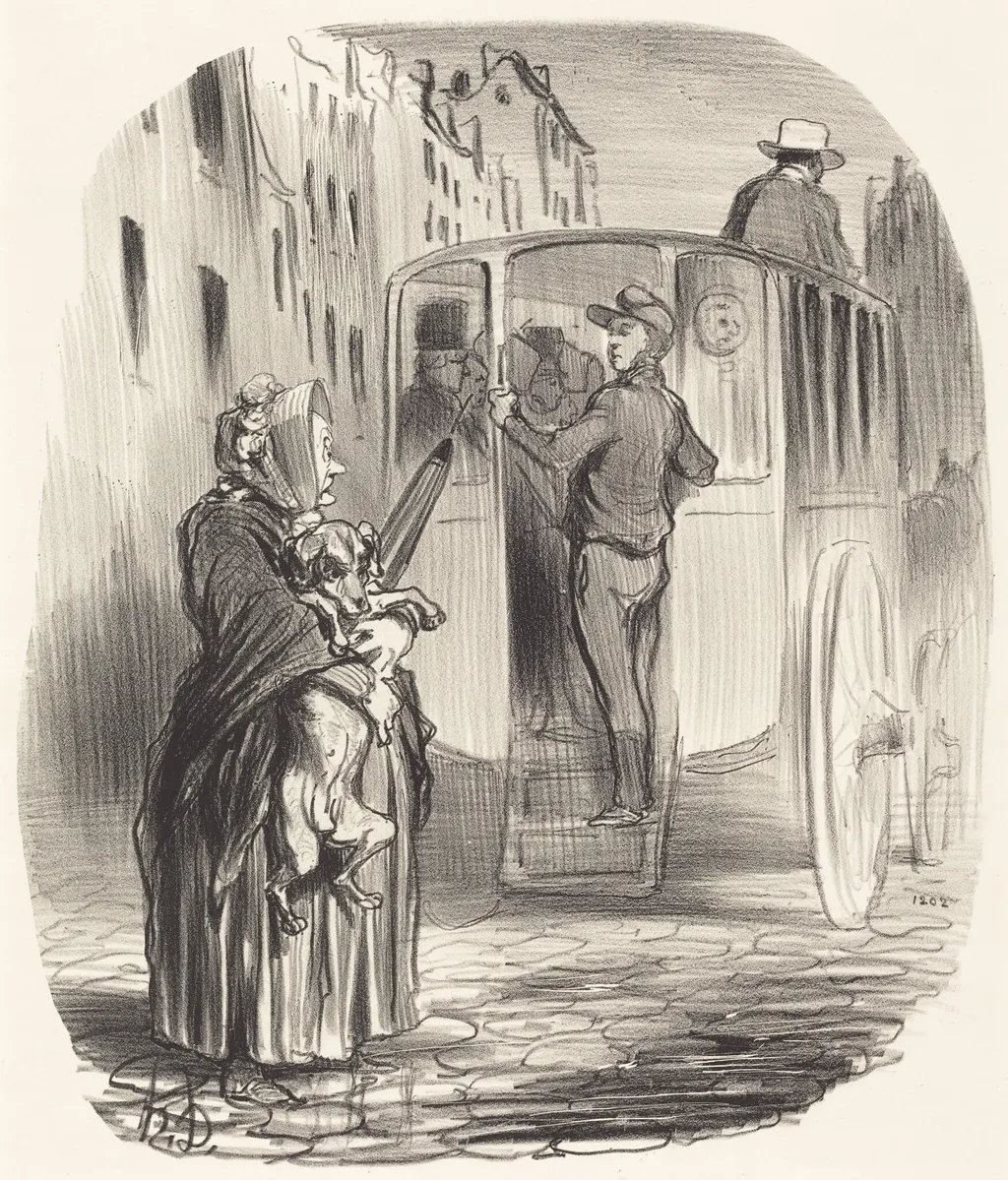 Désolé, citoyenne... je ne reçois pas de chiens..., by Honoré Daumier, ink, 1848