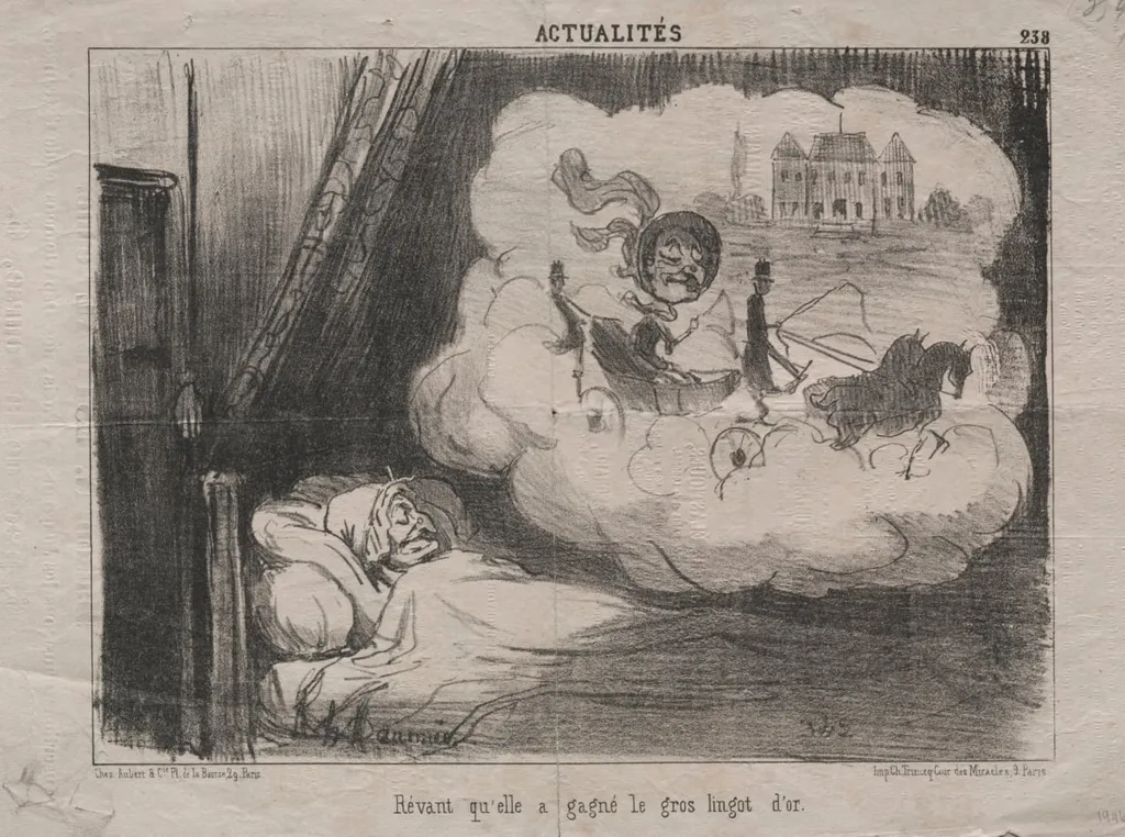 Dreaming that she won the big gold bar, by Honoré Daumier, 1851
