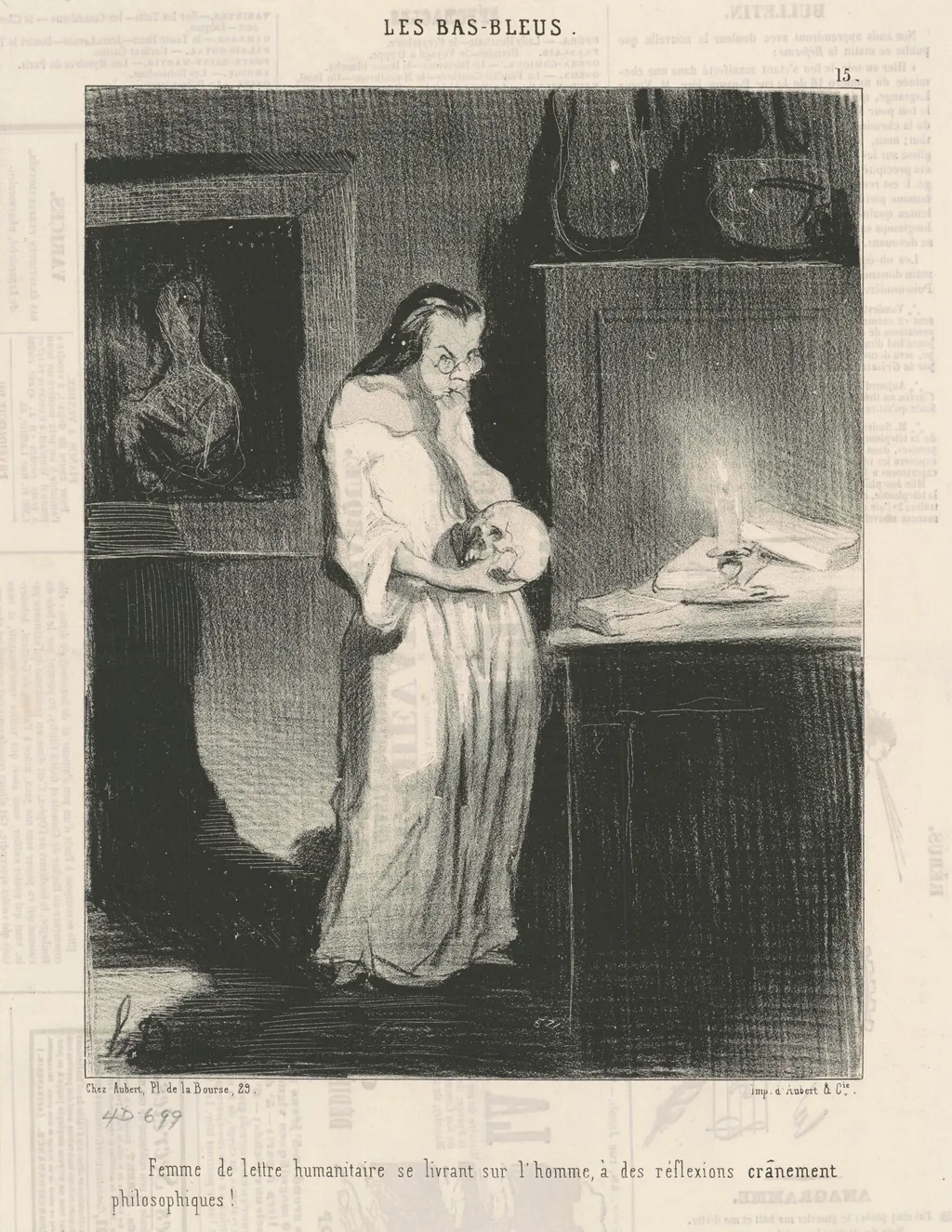 Femme de lettre humanitaire se livrant sur l'homme ..., by Honoré Daumier, ink, 1844
