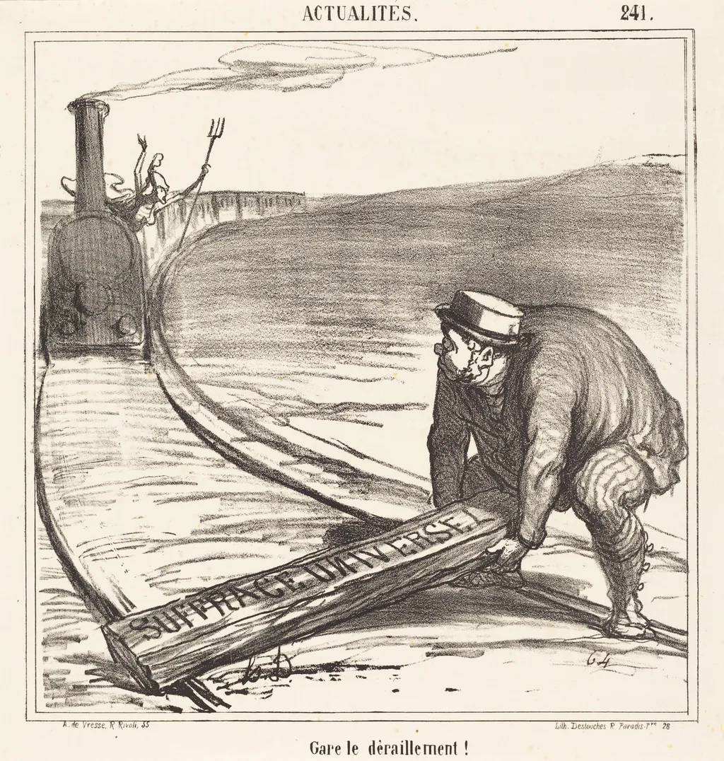 Gare le déraillement!, by Honoré Daumier, ink, 1866
